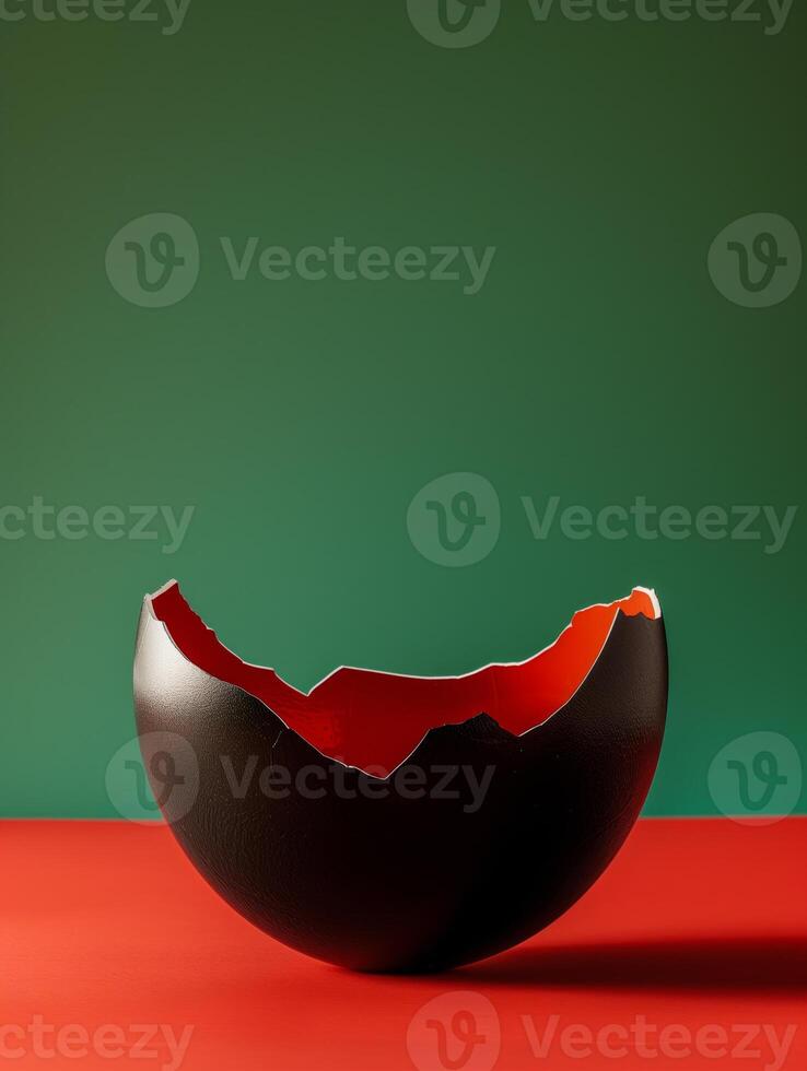 Broken egg shell painted in black and red, with green background. Freedom, slavery, black history background. photo