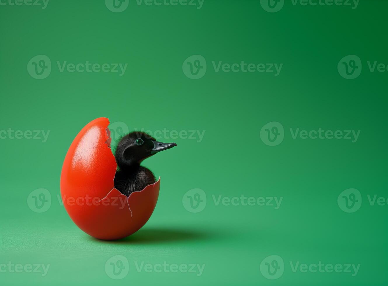 Broken egg shell painted red, black duckling hatching, bright green background. Black history conceptual background. photo