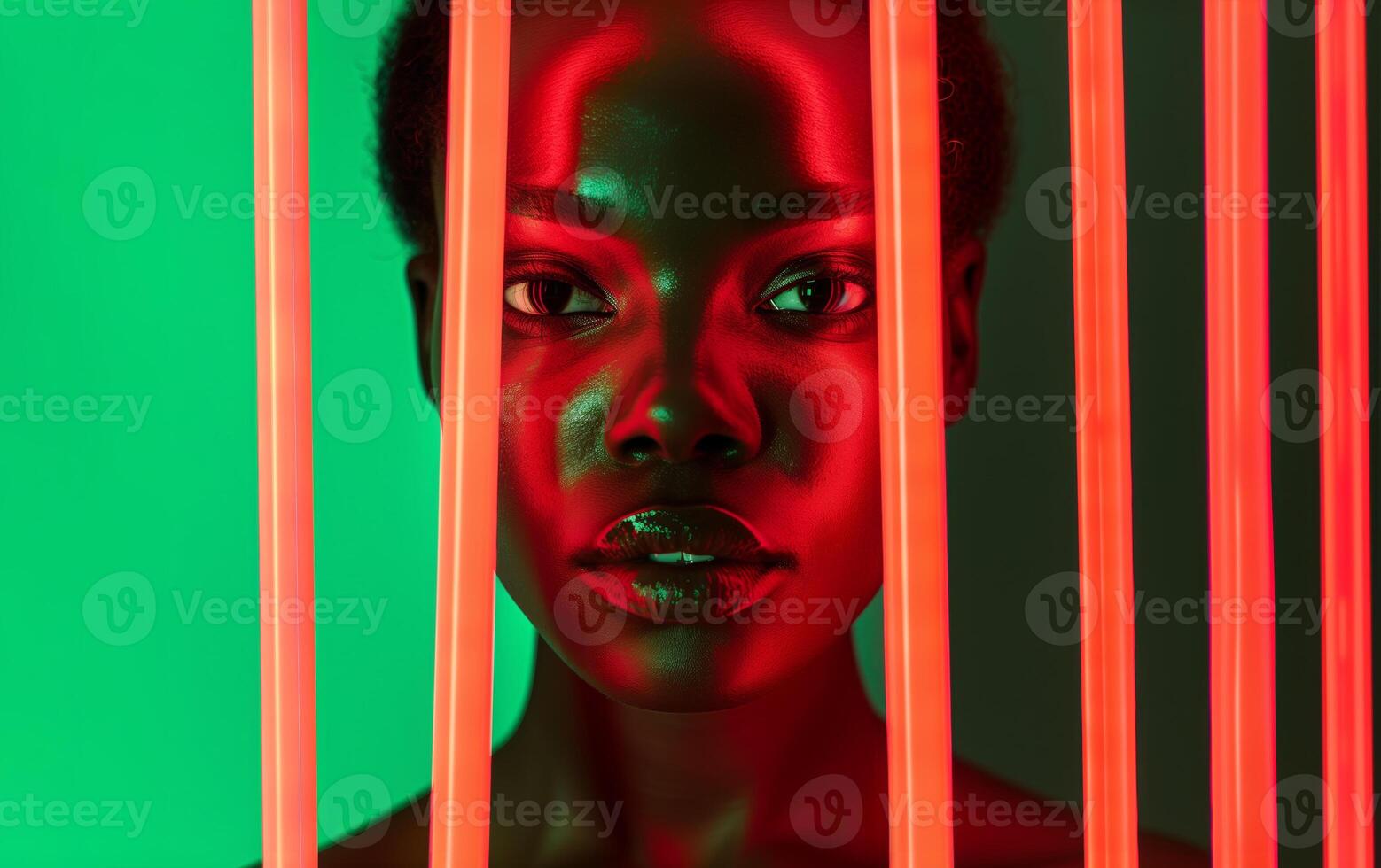 African American young woman with her face lit by vertical glowing red neon tubes. Black history conceptual background photo