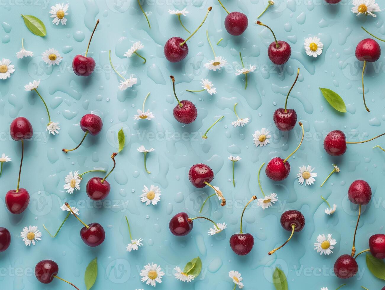 Fresh cherries and daisies covered in water drops and pattern on a pastel blue background. Summertime colorful flat lay photo