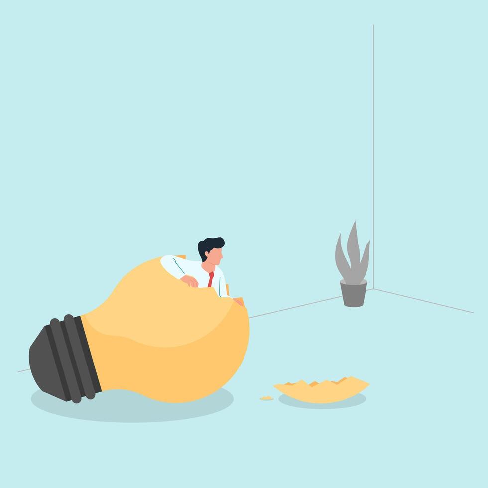 Man get out from inside the lamp. Metaphor of escape from comfort zone. vector