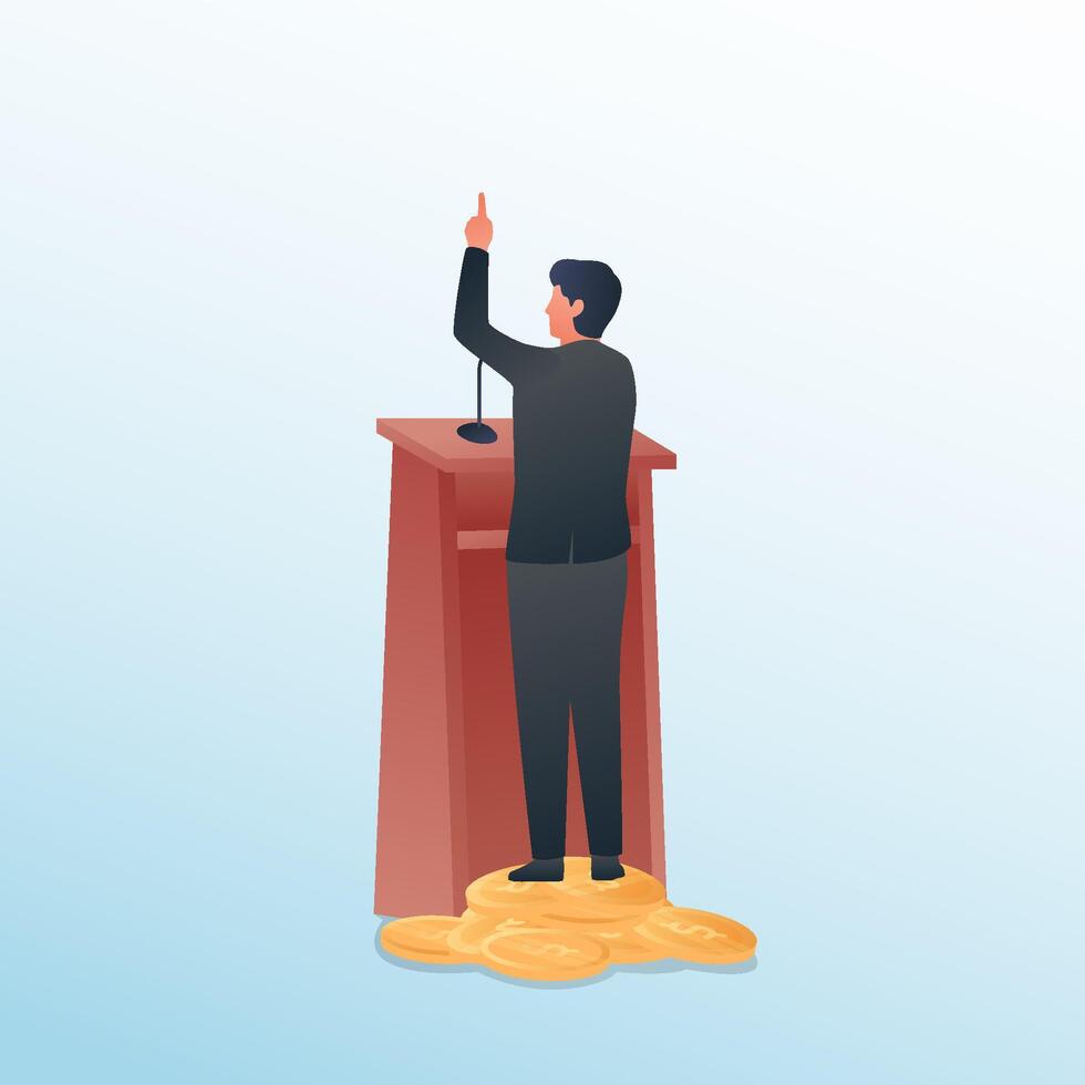 people giving speeches at the podium and stamping gold coins under their shoes metaphor of corruption and chairperson. Business concept illustration. vector