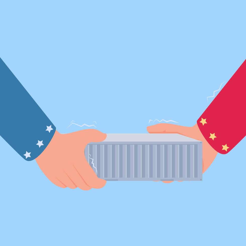 two hands fighting over a container tug at each other, a metaphor for a trade war. Simple flat conceptual illustration. vector