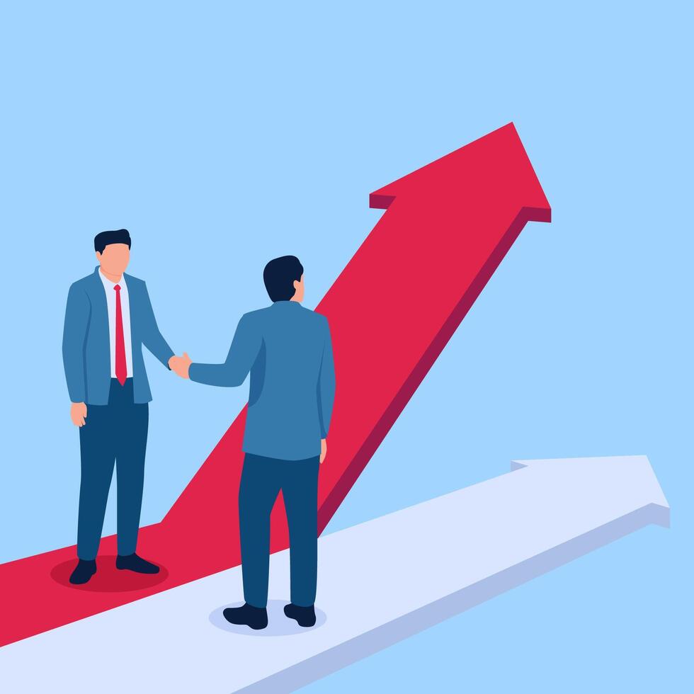 Two men want to shake hands but have different intentions, a metaphor for the failure of the merger. Simple flat conceptual illustration. vector