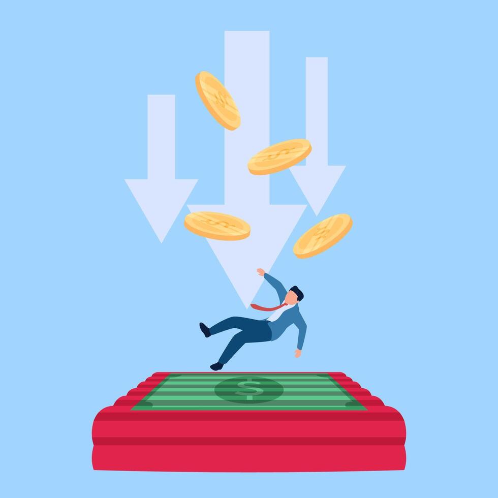 person falls onto a mattress with money on it, a metaphor for financial aid. Simple flat conceptual illustration. vector