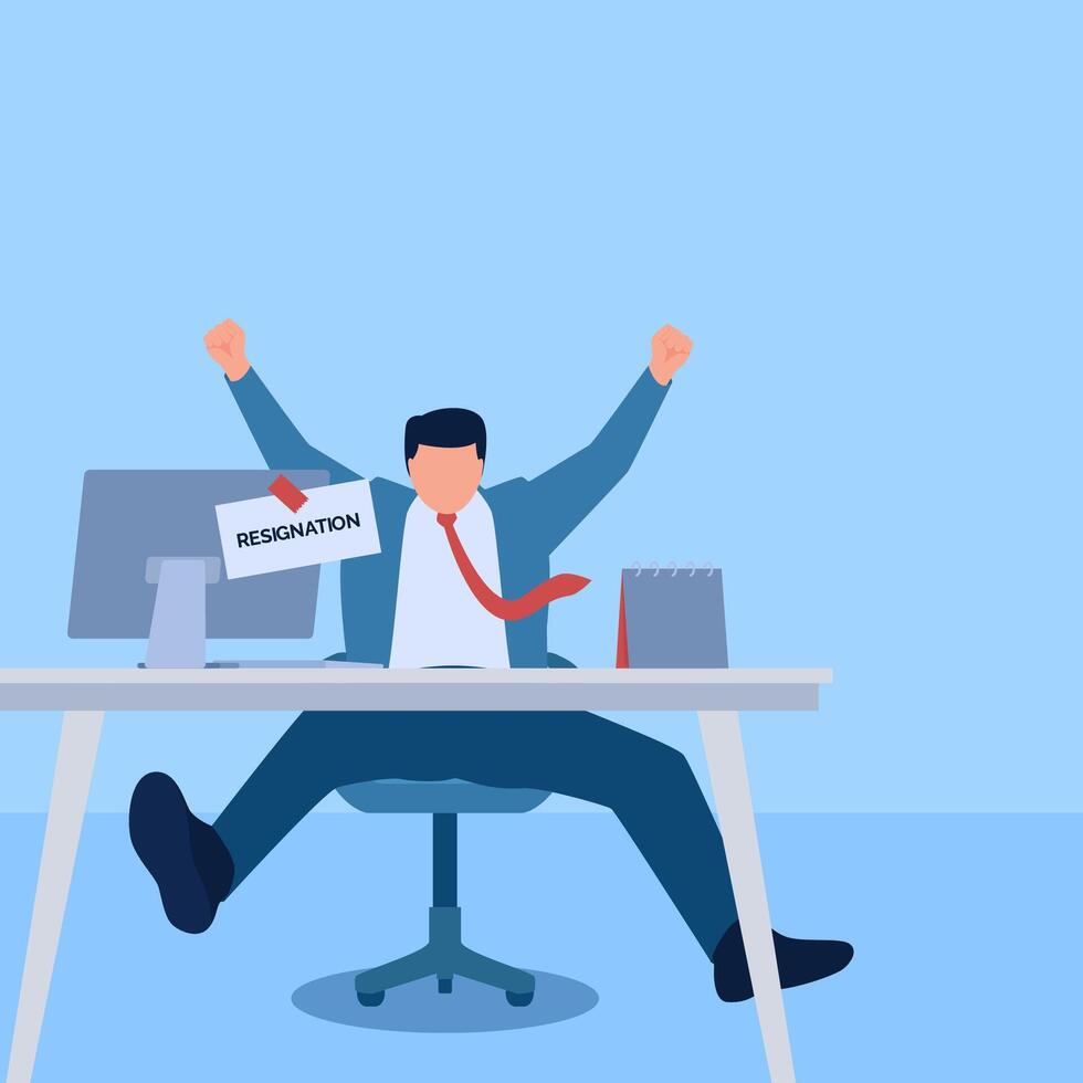 Man walking away from chair with cardboard and resignation envelope, metaphor for resignation. Simple flat conceptual illustration. vector