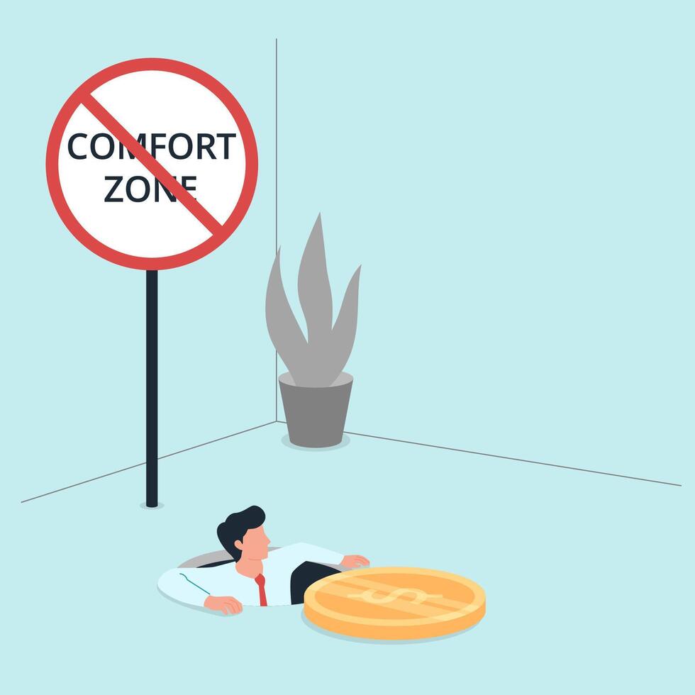 Man climb out from the gold coin hole. Metaphor of escape from comfort zone. vector