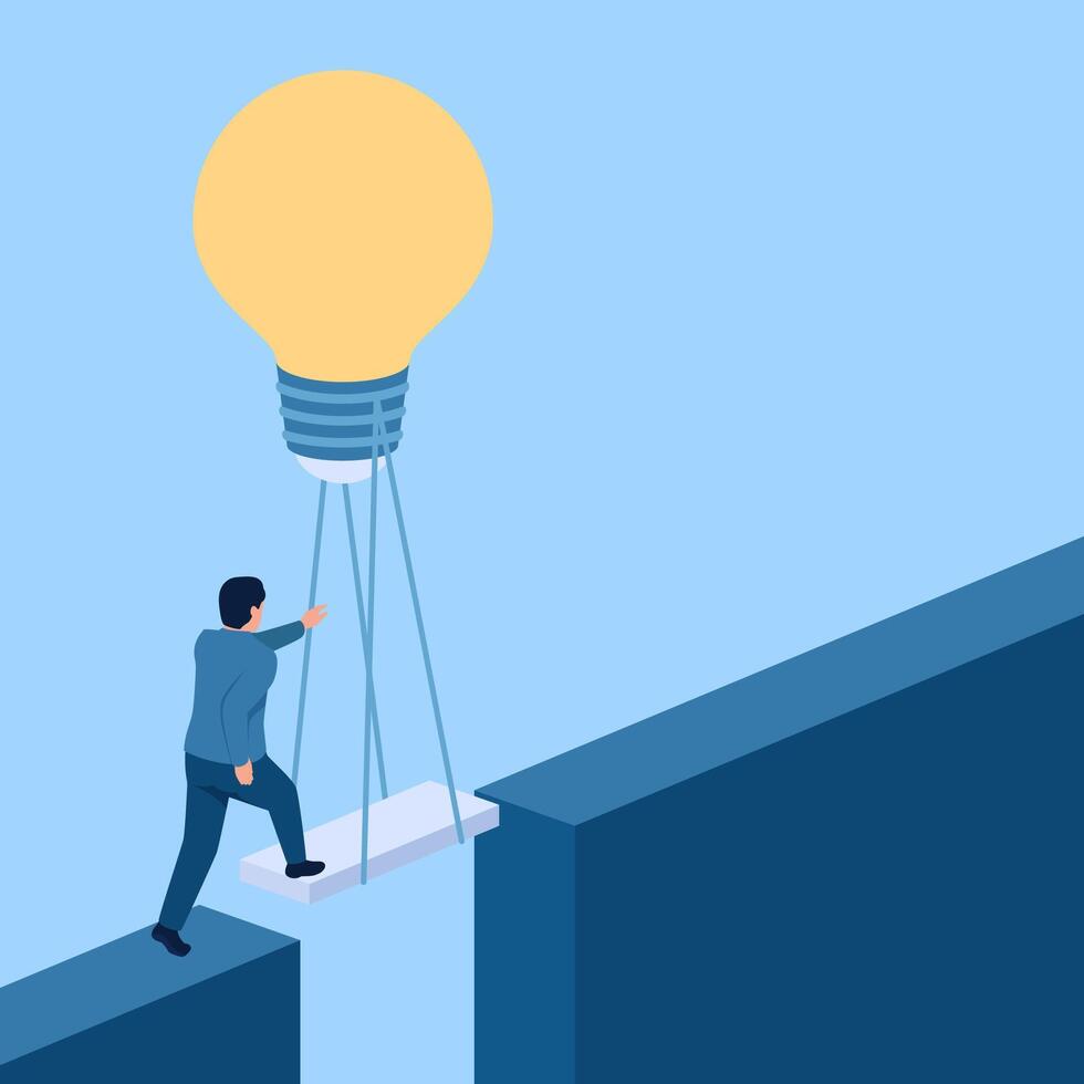 people cross the abyss with the help of the idea lamp bridge, metaphor of business assistance. Simple flat conceptual illustration. vector