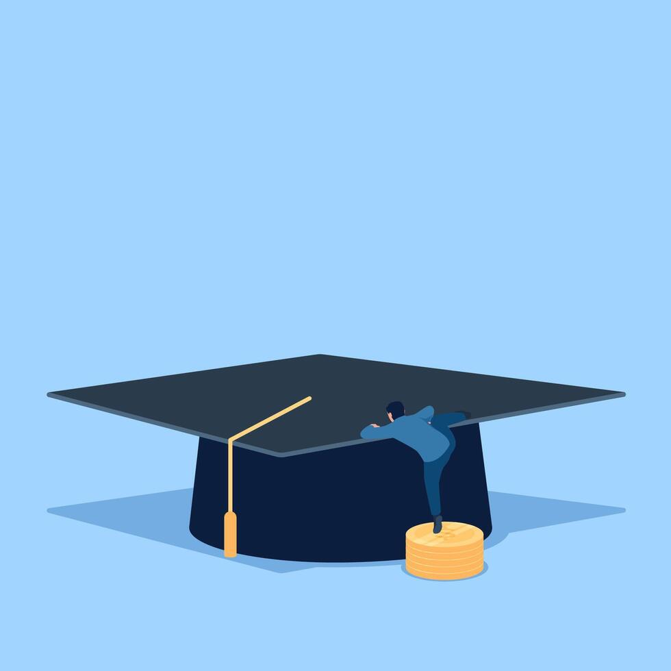 person climbing coins up onto graduation cap, metaphor of educational scholarship. Simple flat conceptual illustration. vector
