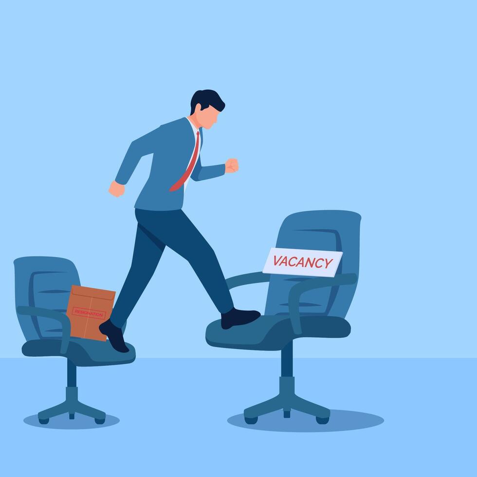 Man jumps over chair with resignation envelope towards chair with vacancy written on it, metaphor for resignation. Simple flat conceptual illustration. vector