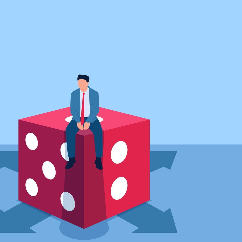 Man sitting confused looking for direction on dice, metaphor for uncertainty. Simple flat conceptual illustration. vector