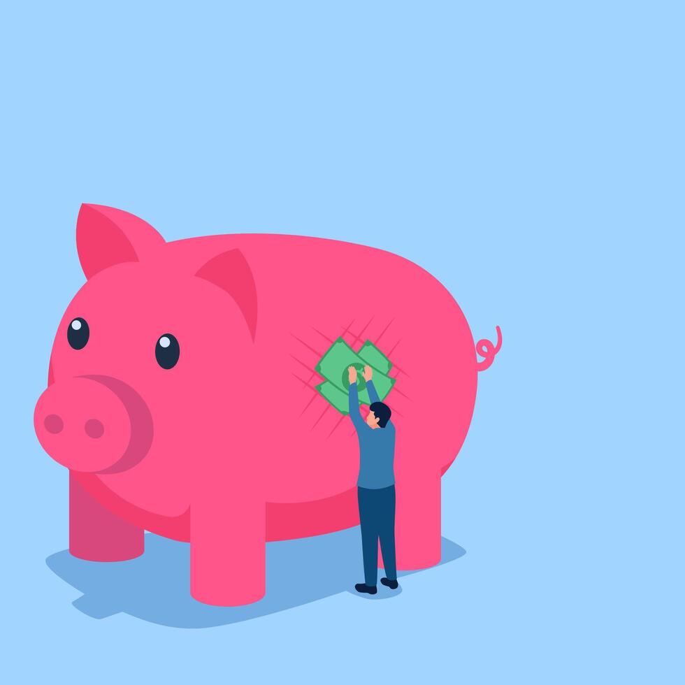 people patch piggy bank wounds with money, a metaphor of financial aid. Simple flat conceptual illustration. vector