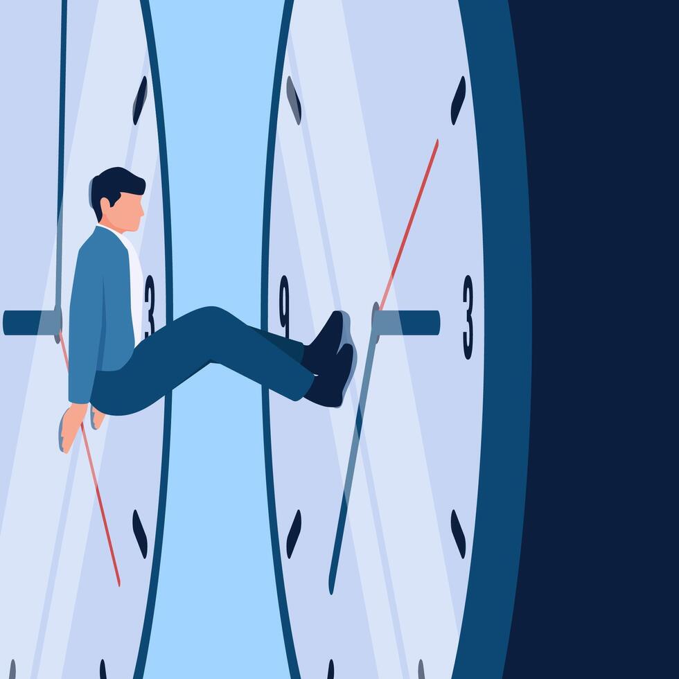 The man is sandwiched between two large clocks, a metaphor for time pressure. Simple flat conceptual illustration. vector
