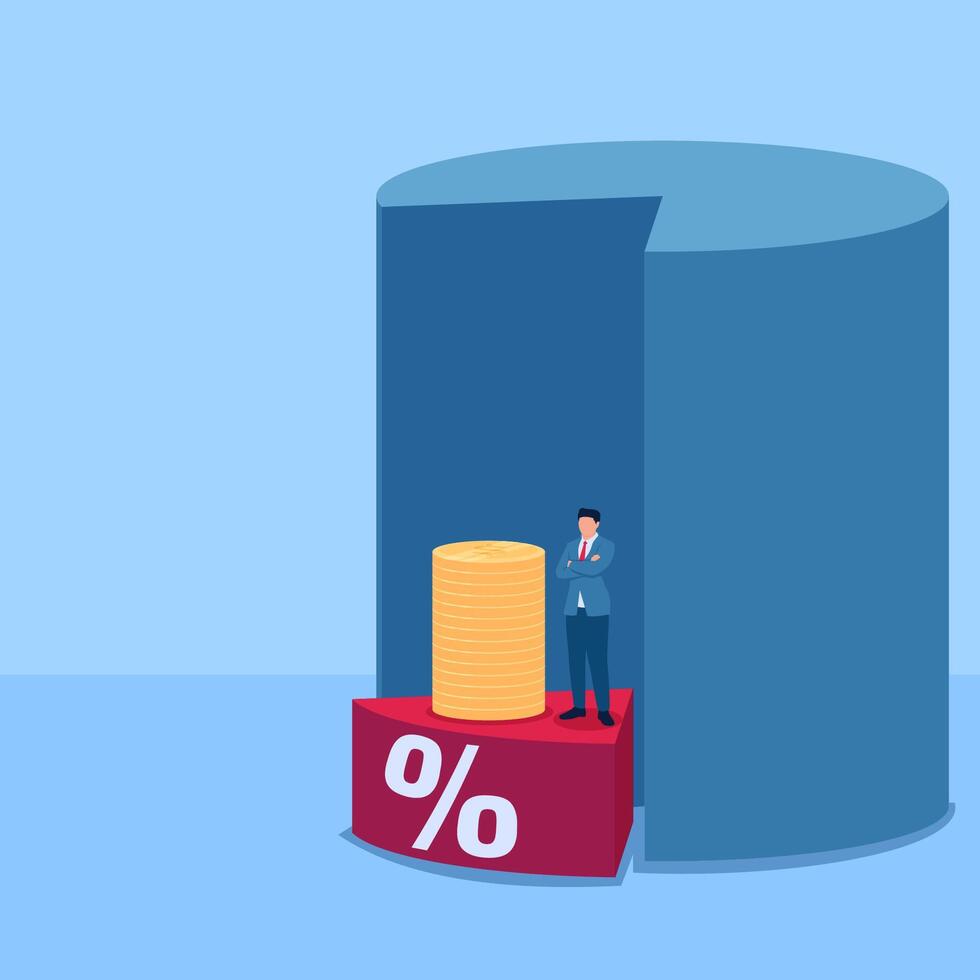 person standing next to a pile of coins with a percent symbol, a metaphor for stock dividends. Simple flat conceptual illustration. vector