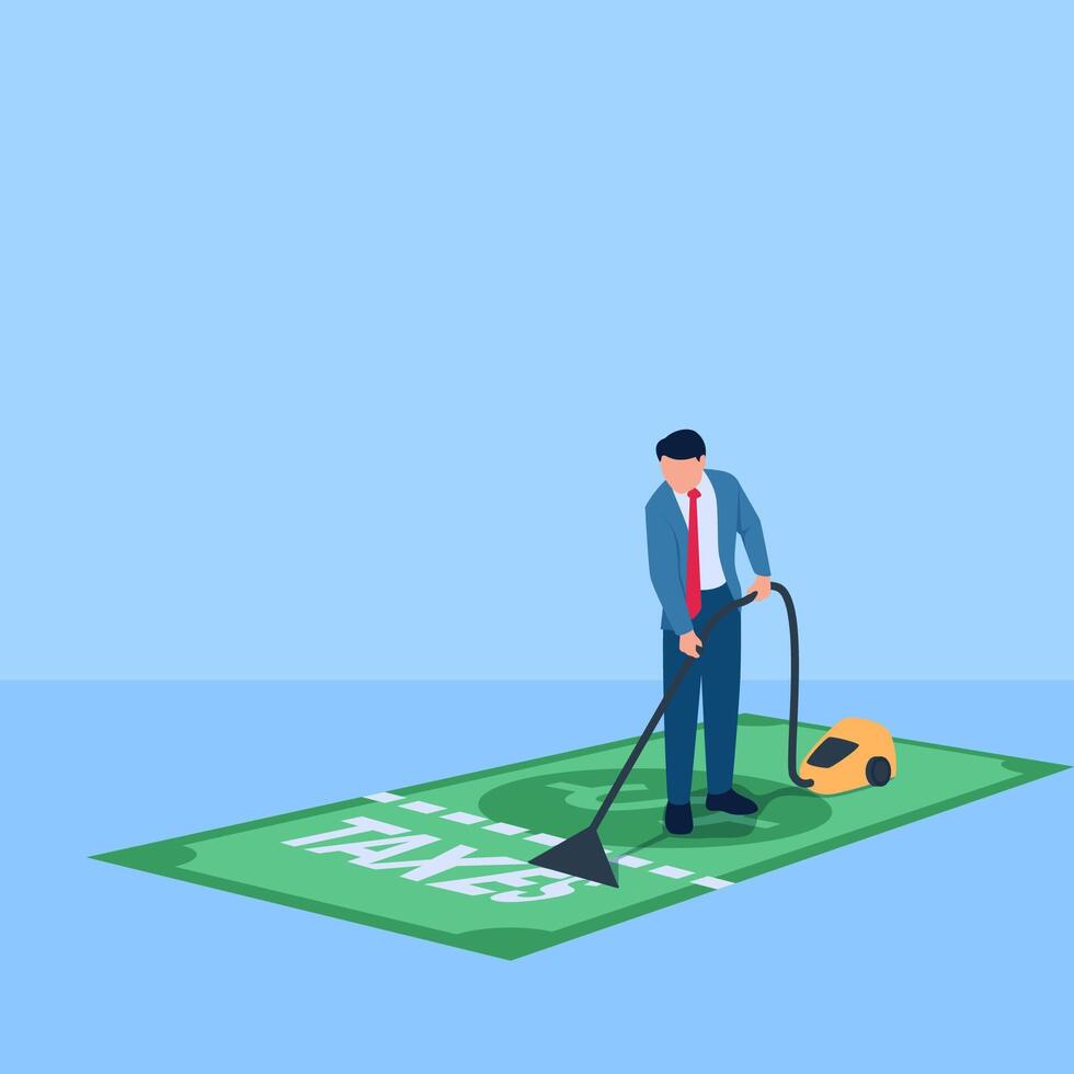 Man sucking on the words taxes on banknotes, a metaphor for tax cuts. Simple flat conceptual illustration. vector