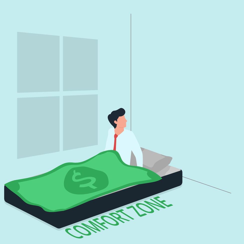 Man get up from bed with blanket money. Metaphor of escape from comfort zone. vector