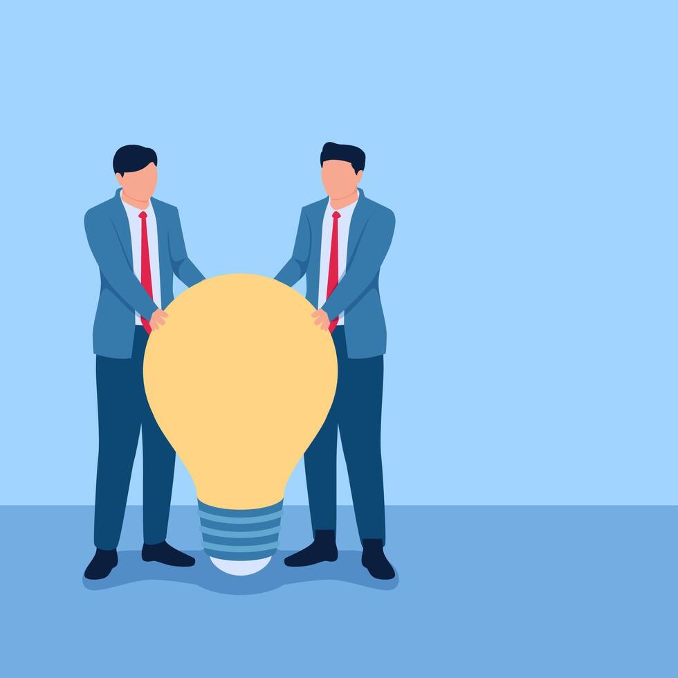 people holding idea lamps together, metaphor of mergers and acquisitions. Simple flat conceptual illustration. vector