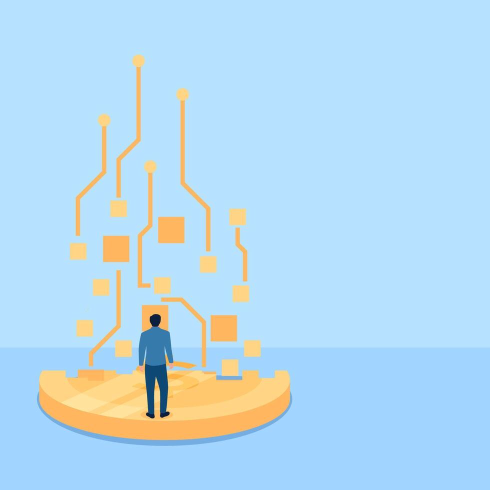 people stand watching coins turn into digital boxes, a metaphor for digital transformation. Simple flat conceptual illustration. vector