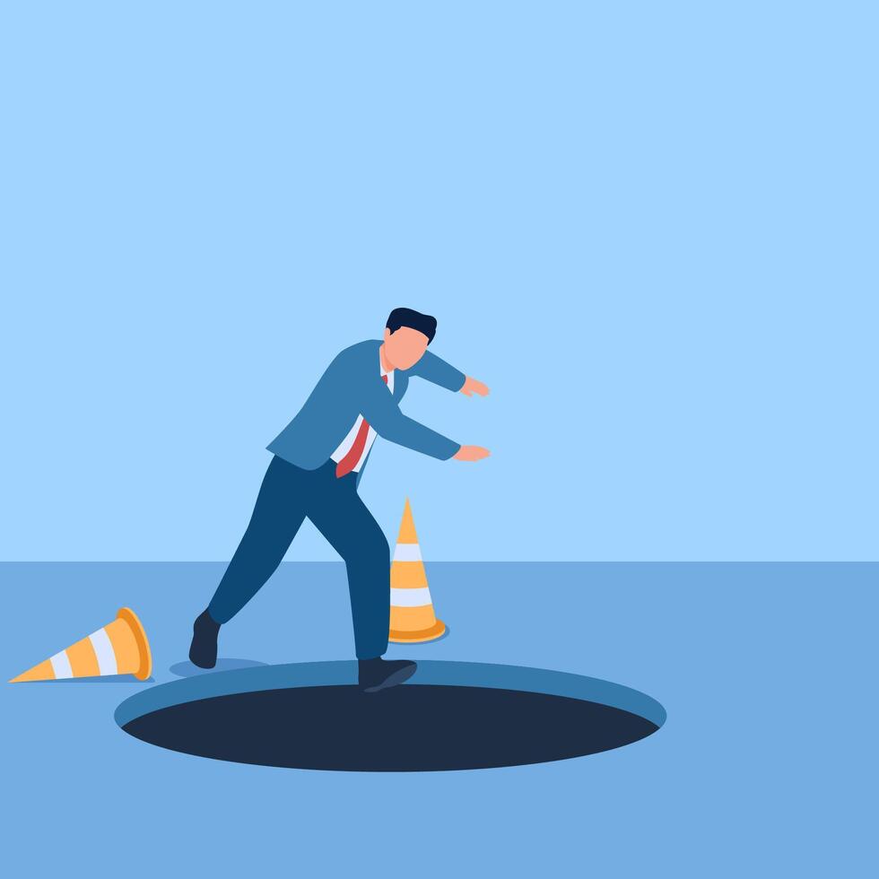 people fall into holes, a metaphor for the downfall of business. Simple flat conceptual illustration. vector