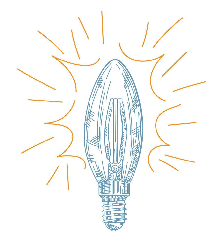 Light bulb hand drawn in a sketch with a bright yellow ray. Engraving style. vector