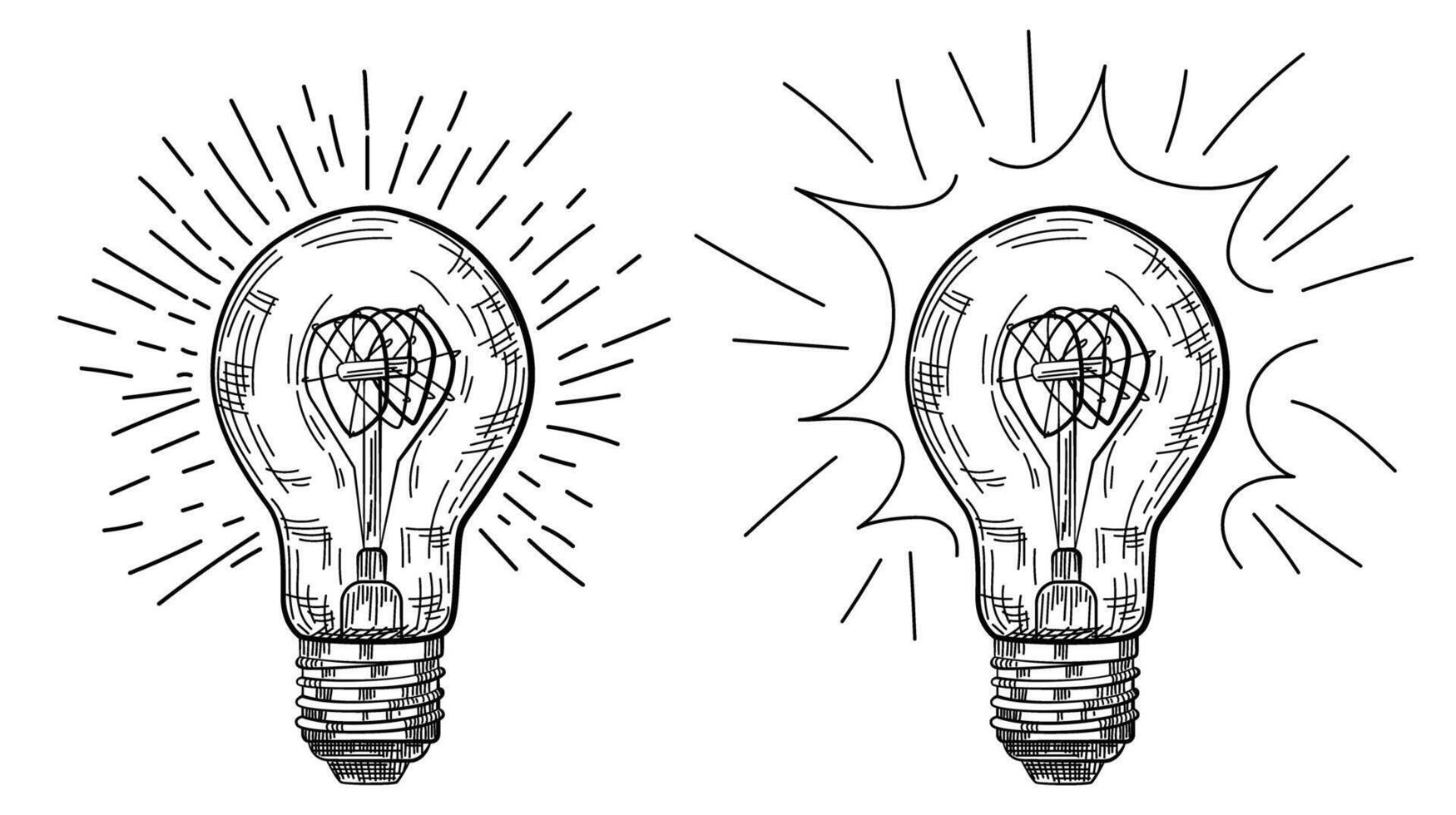 Two light bulb with drawing showing a bright light. vector