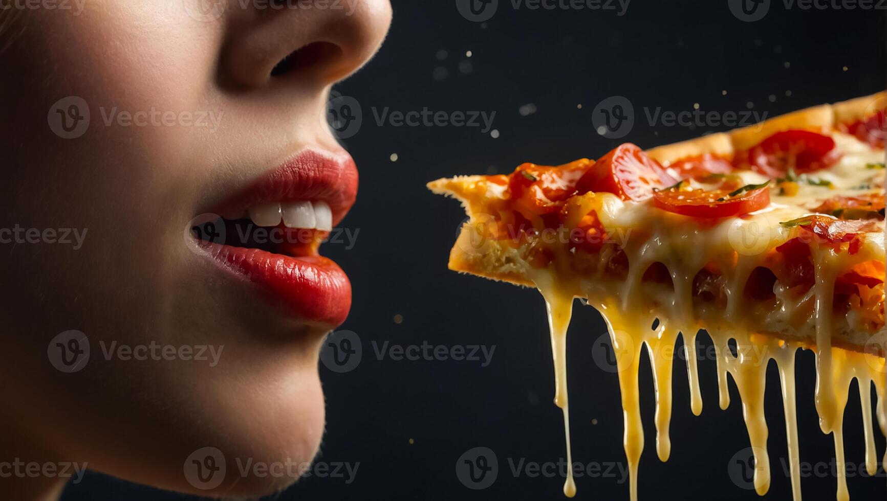 Girl eating pizza close up photo