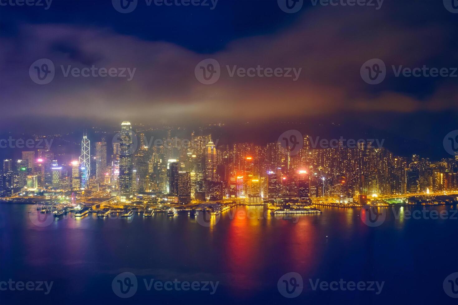 Aerial view of illuminated Hong Kong skyline. Hong Kong, China photo