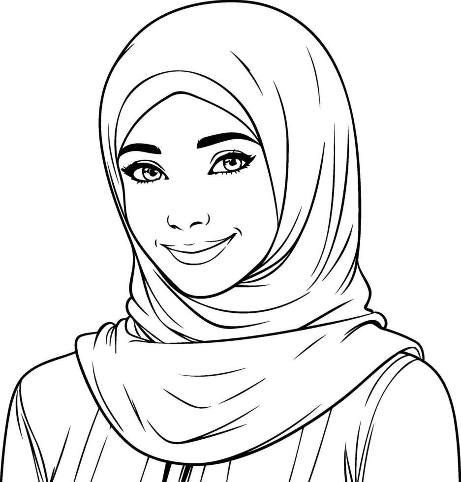 Hijab woman face cartoon in black and white illustration graphic design vector