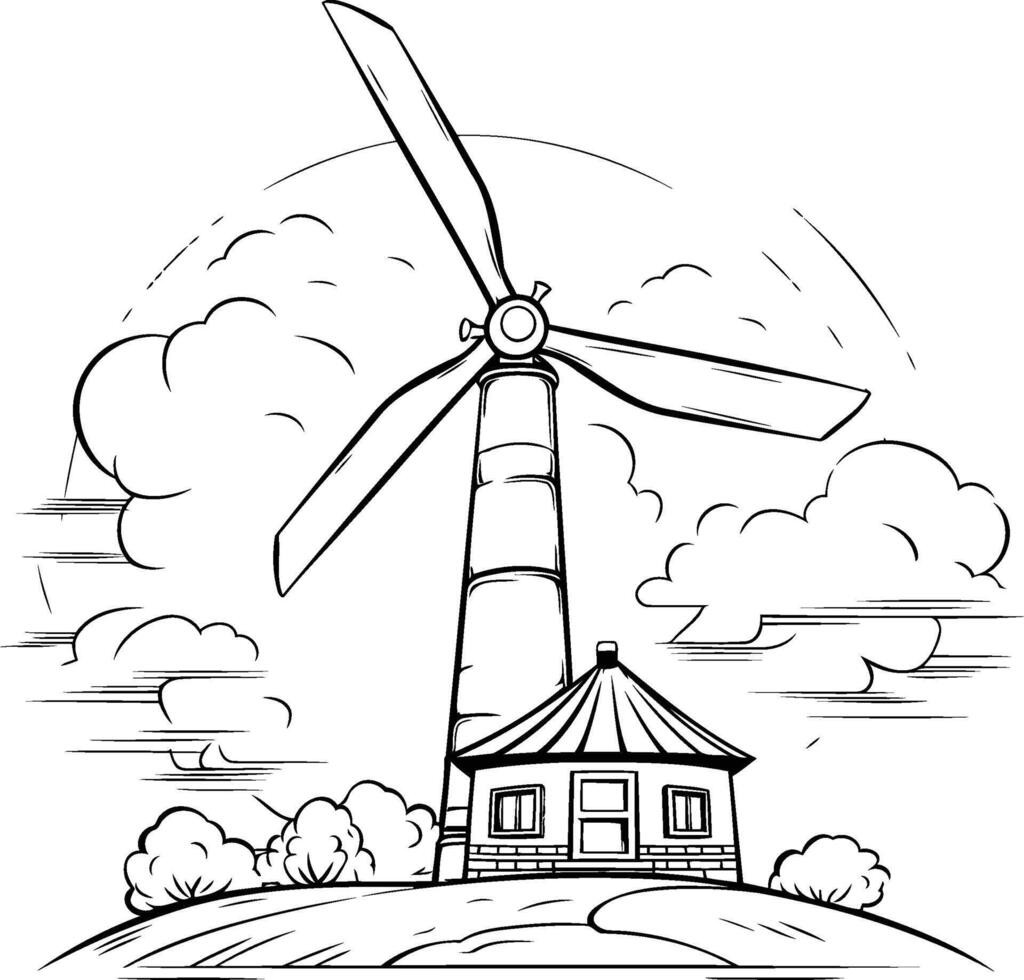 Windmill on the hill. Black and white illustration for coloring book. vector