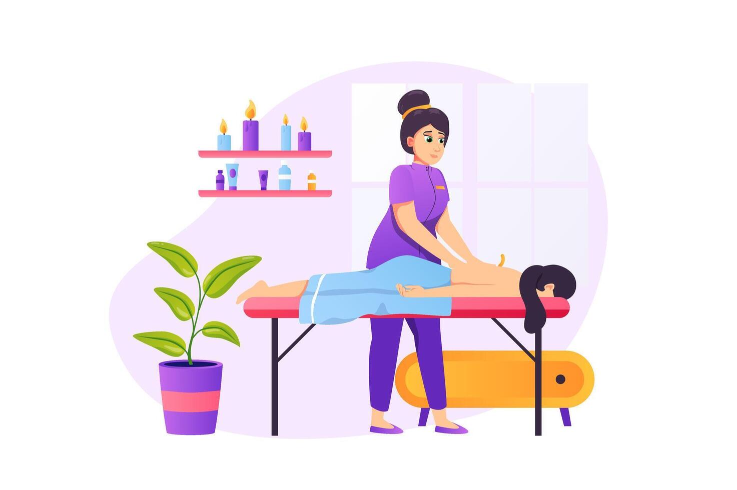 Spa salon concept in flat style with people scene. Masseuse makes back massage to client. Woman lying on couch receiving body treatment and candlelight aromatherapy. illustration for web design vector