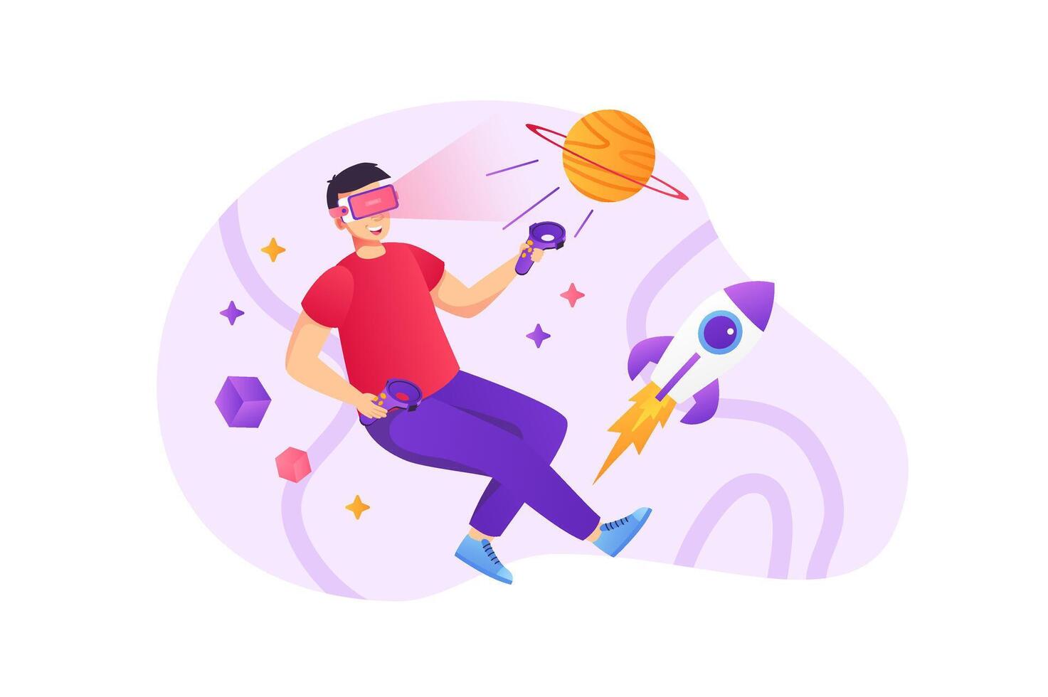 Virtual reality concept in flat style with people scene. Happy man in VR glasses and controllers playing and exploring cosmos with rocket and planets in simulation. illustration for web design vector