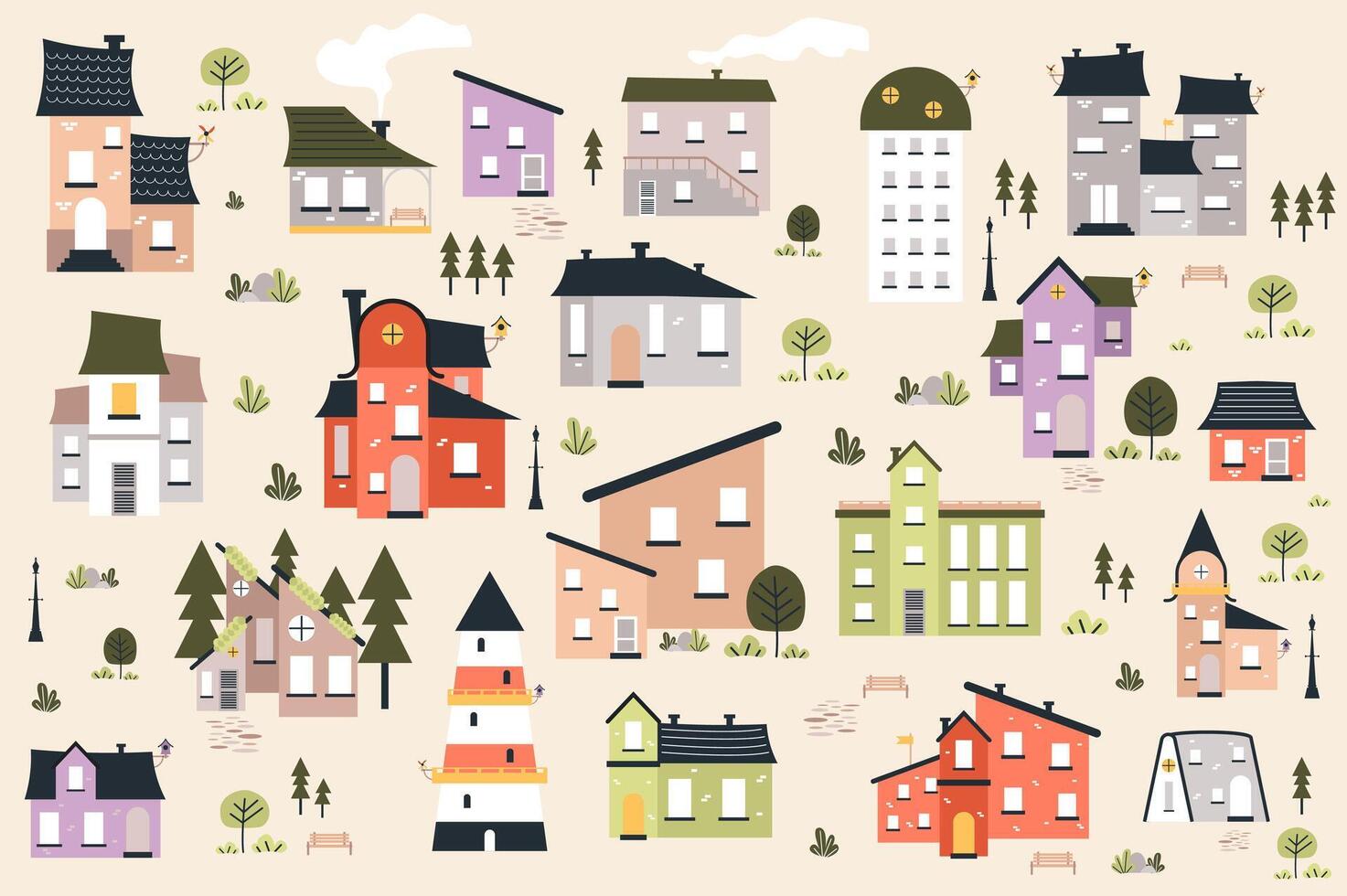 Different houses cute set in flat cartoon design. Bundle of apartment buildings, office towers, private homes of different structures and colors for cityscape. illustration isolated elements vector