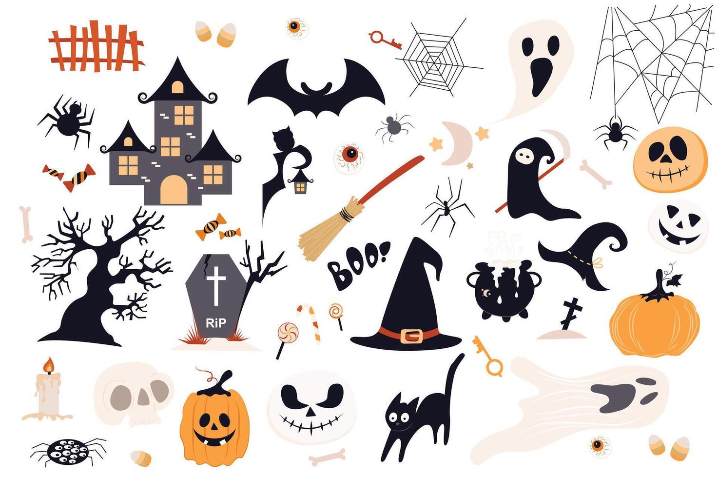 Halloween cute set in flat cartoon design. Bundle of old castle, bat, web, ghost, candy, tree, gravestone, broom, witch cap, key, pumpkin, black cat and other. illustration isolated elements vector