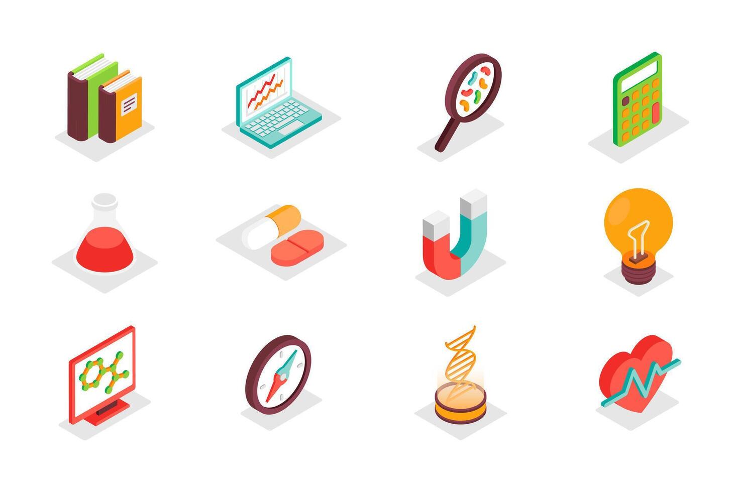 Science concept 3d isometric icons set. Bundle elements of book, data analysis, research, magnifier, calculator, test flask, pills, molecule and other. illustration in modern isometry design vector