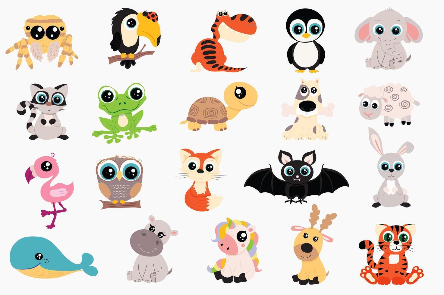 Cute animals set in flat cartoon design. Bundle of spider, toucan, dinosaur, penguin, elephant, cat, frog, turtle, dog, sheep, flamingo, owl, fox, bat and other. illustration isolated elements vector