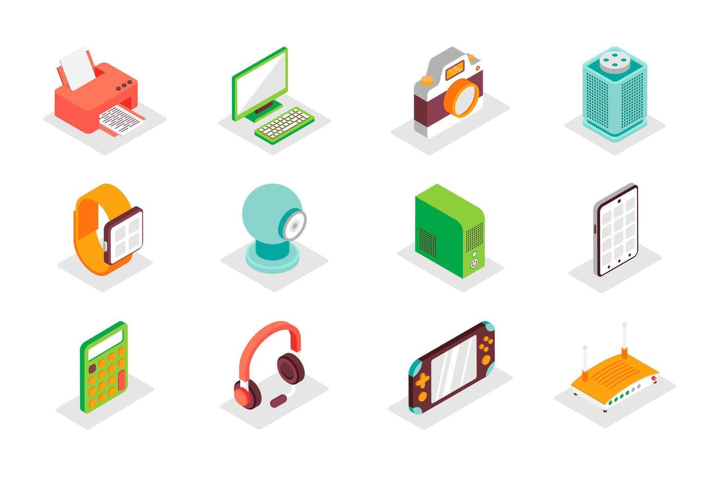 Electronics concept 3d isometric icons set. Bundle elements of printer, computer, camera, musical speaker, smart watch, tablet, calculator and other. illustration in modern isometry design vector
