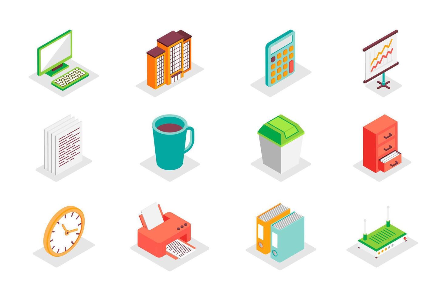 Office work concept 3d isometric icons set. Bundle elements of computer, calculator, data analysis, document, coffee cup, bin, clock, printer and other. illustration in modern isometry design vector