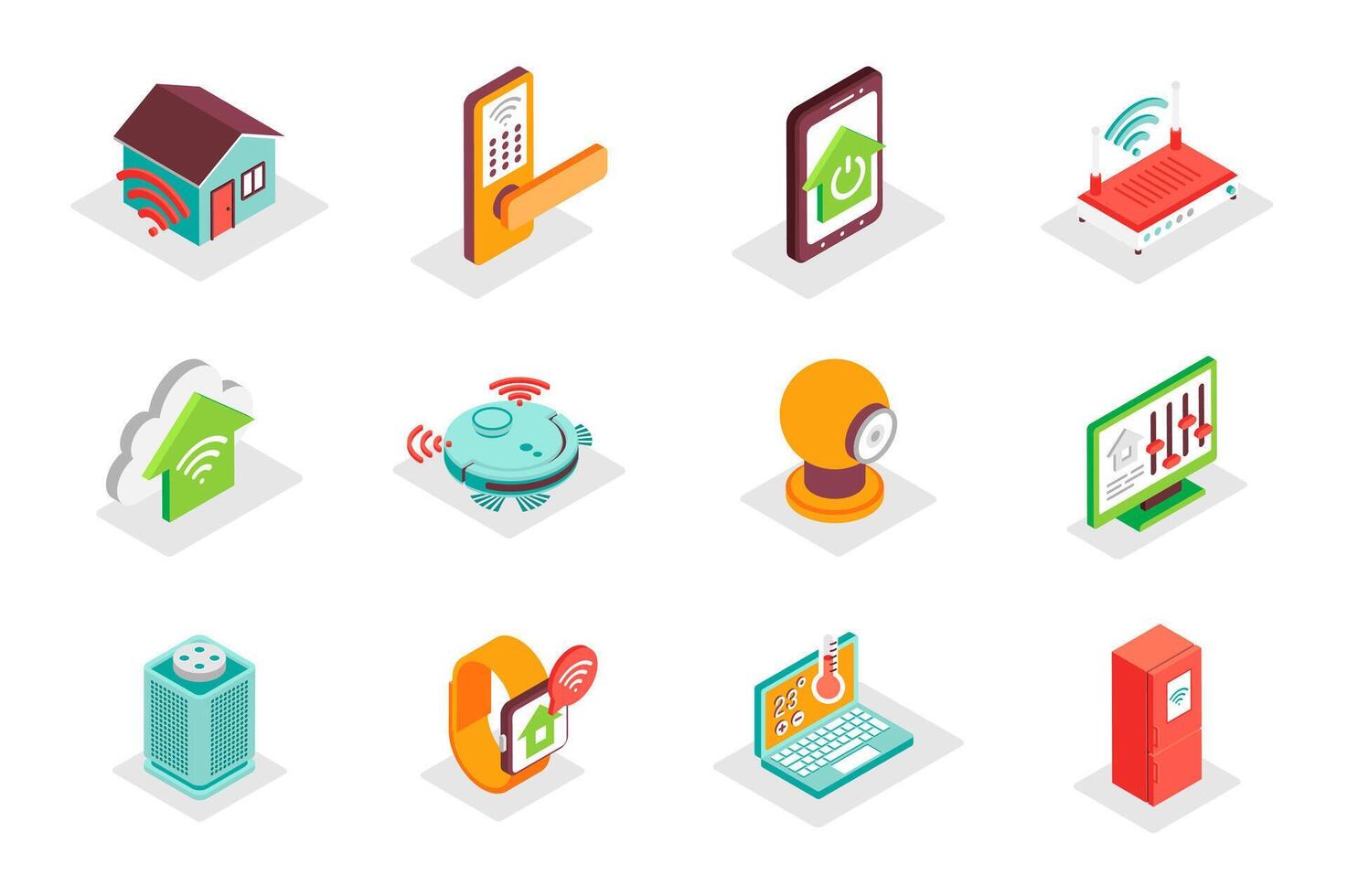 Smart Home concept 3d isometric icons set. Bundle elements of remote monitoring, automation, security system, electronic control, settings and other. illustration in modern isometry design vector