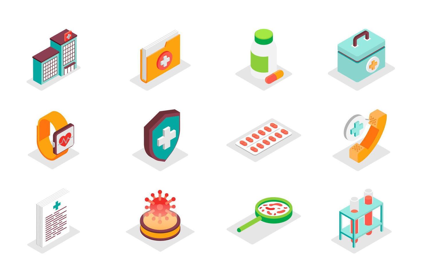 Medical concept 3d isometric icons set. Bundle elements of clinic, hospital, first aid kit, folder, pills, cardio, watch, healthcare, call and other. illustration in modern isometry design vector