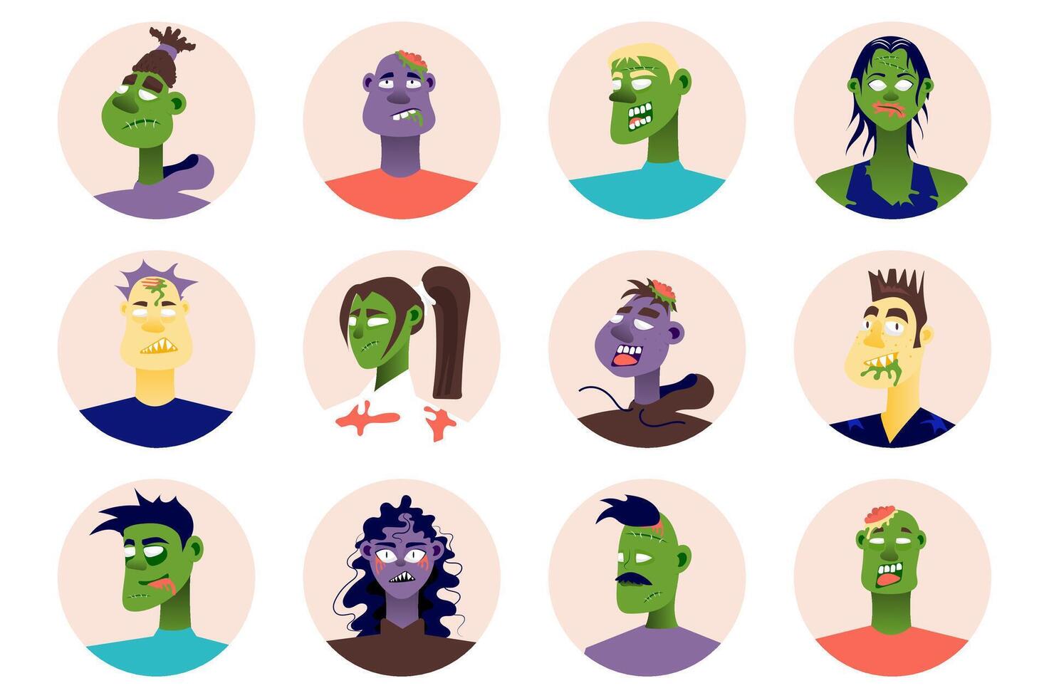 zombi personas avatares aislado colocar. muertos vivientes hombres y mujer con diferente escalofriante monstruo cara aspecto. retratos de hembra y masculino mascotas ilustración con caracteres en plano dibujos animados diseño vector