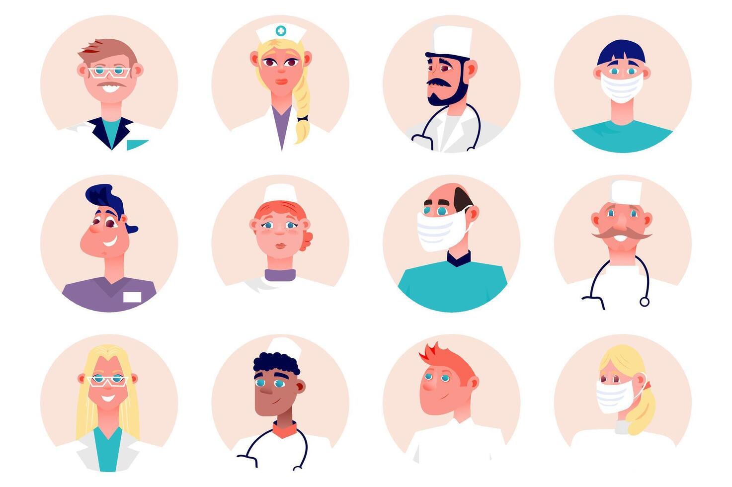 Medical staff people avatars isolated set. Portraits of female and male mascots working as doctors, nurses, surgeons and other practitioners. illustration with characters in flat cartoon design vector