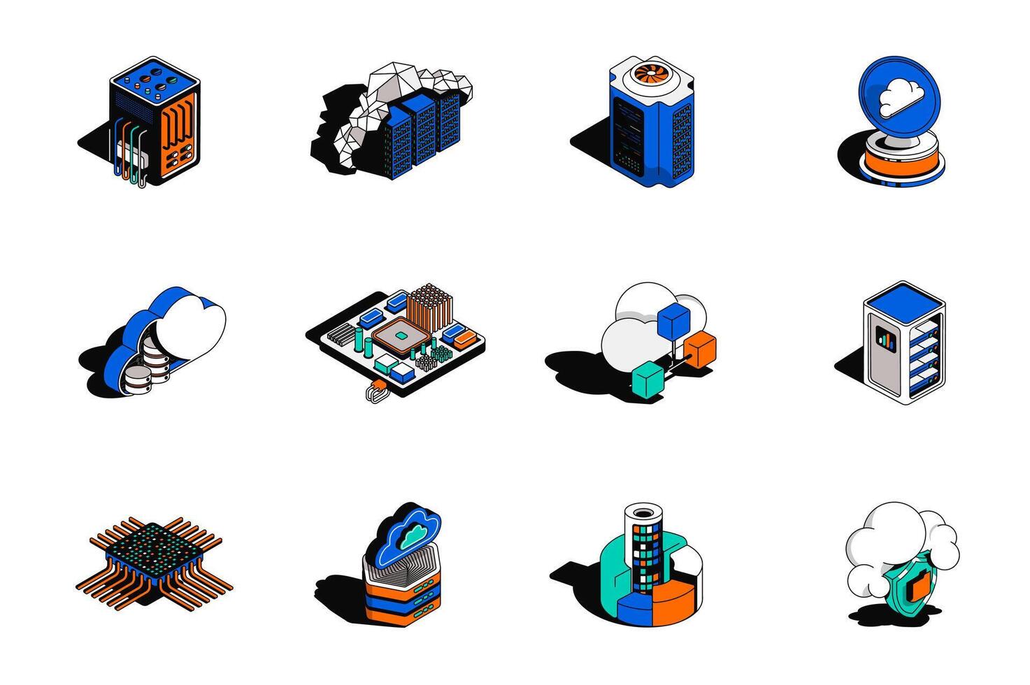 Cloud technology 3d isometric icons set. Pack elements of racks, computer, microchip, network, data computing, information, server hardware and other. illustration in modern isometry design vector