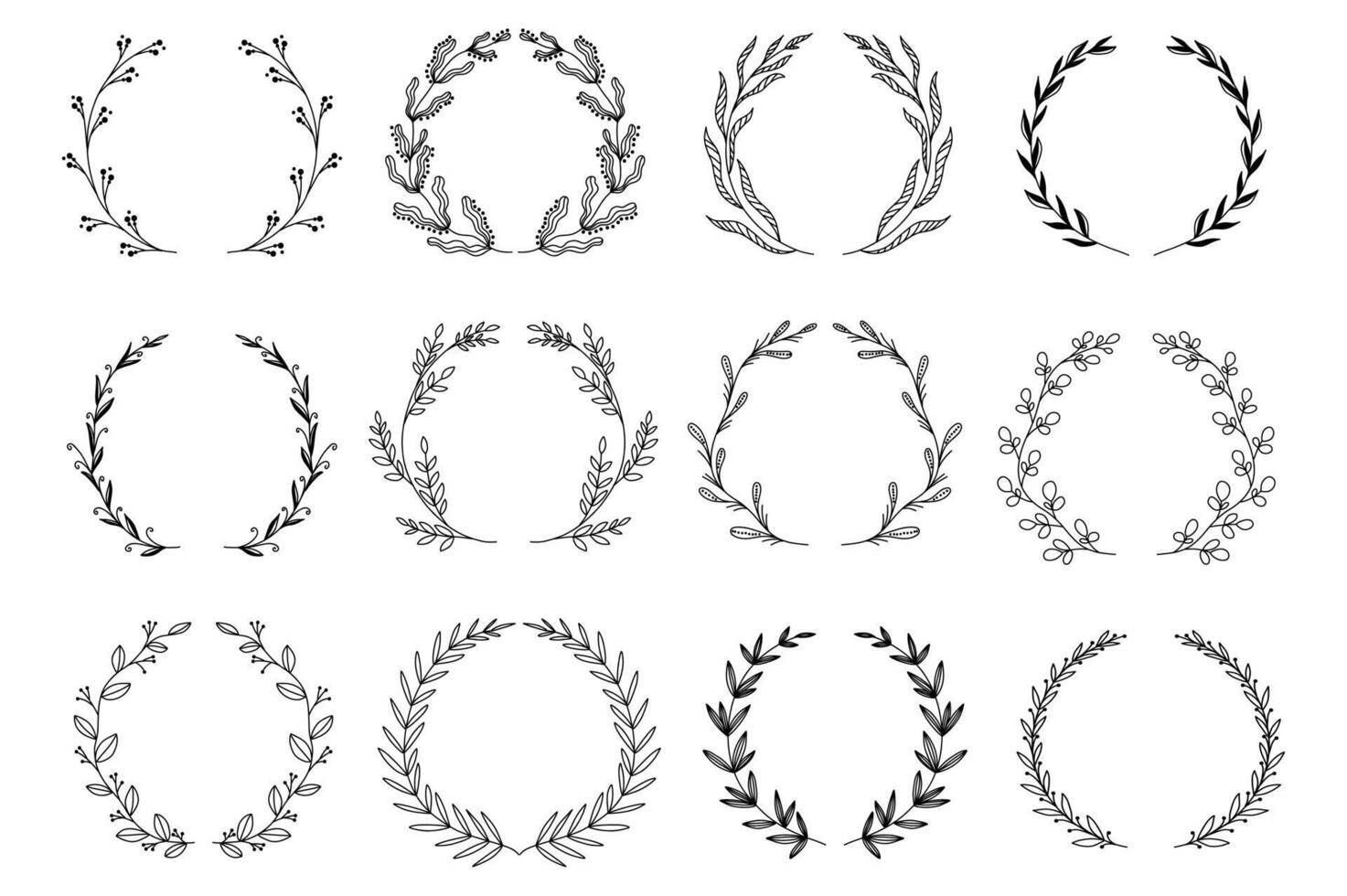 Ornamental branch wreathes set in hand drawn design. Laurel leaves wreath and decorative branch bundle. Botanical decor of herbs, twigs with flowers and plants elements. floral decoration vector