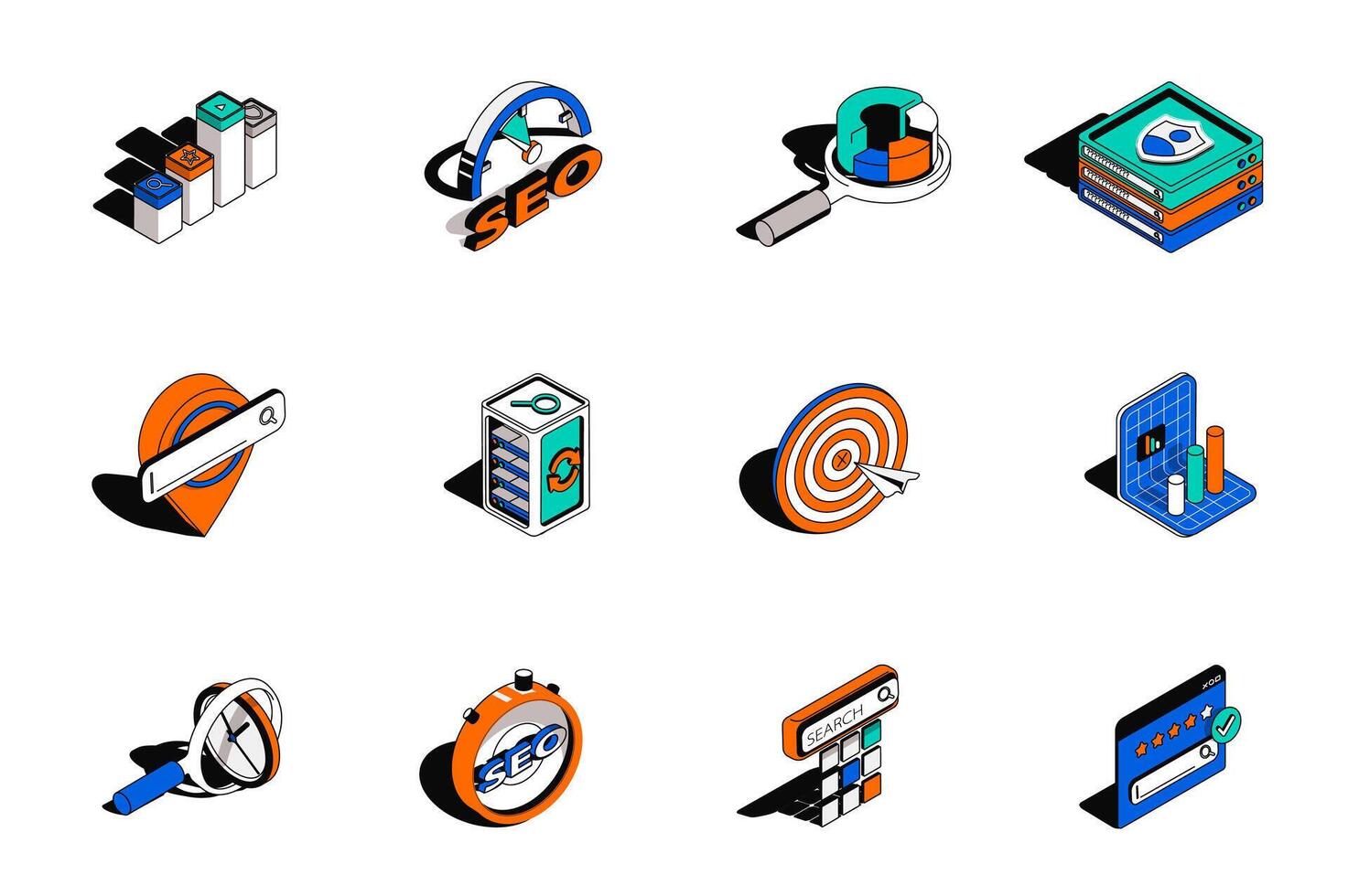 Seo analysis and optimization 3d isometric icons set. Pack elements of network, target, traffic, rating, keyword ranking, marketing research and other. illustration in modern isometry design vector