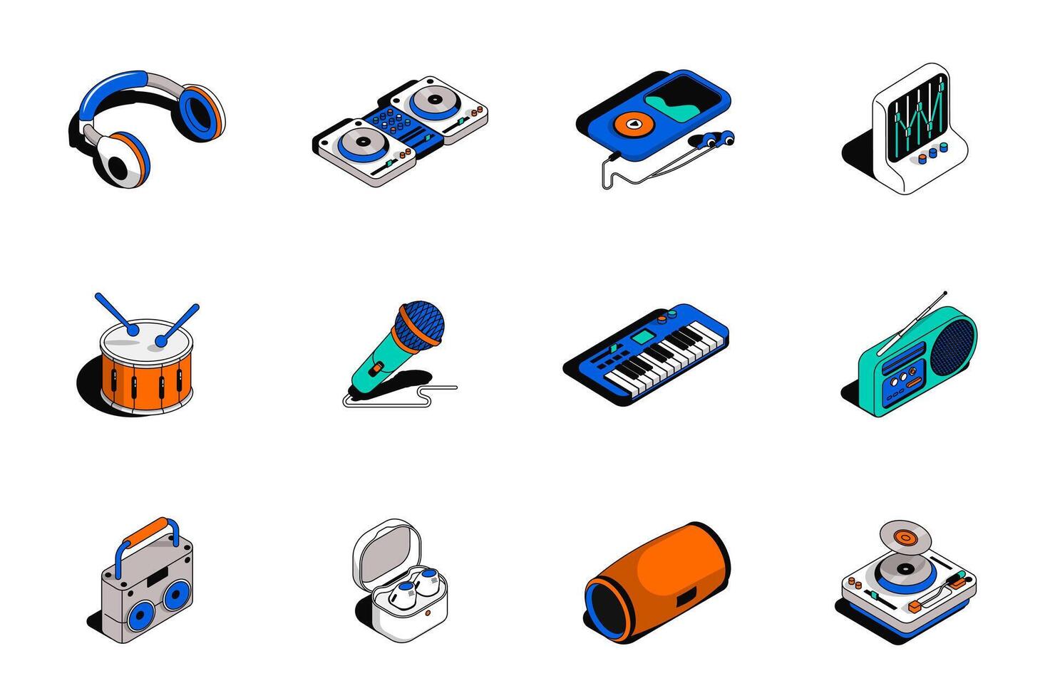 Music 3d isometric icons set. Pack elements of headphones, dj player, equalizer, drum, microphone, piano, radio, earphones, musical speaker and other. illustration in modern isometry design vector