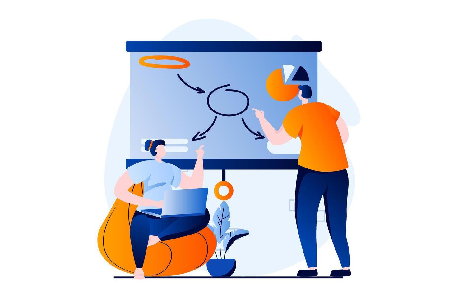 Branding team concept with people scene in flat cartoon design. Woman and man working in creative agency together, discuss and develop development strategy. illustration visual story for web vector