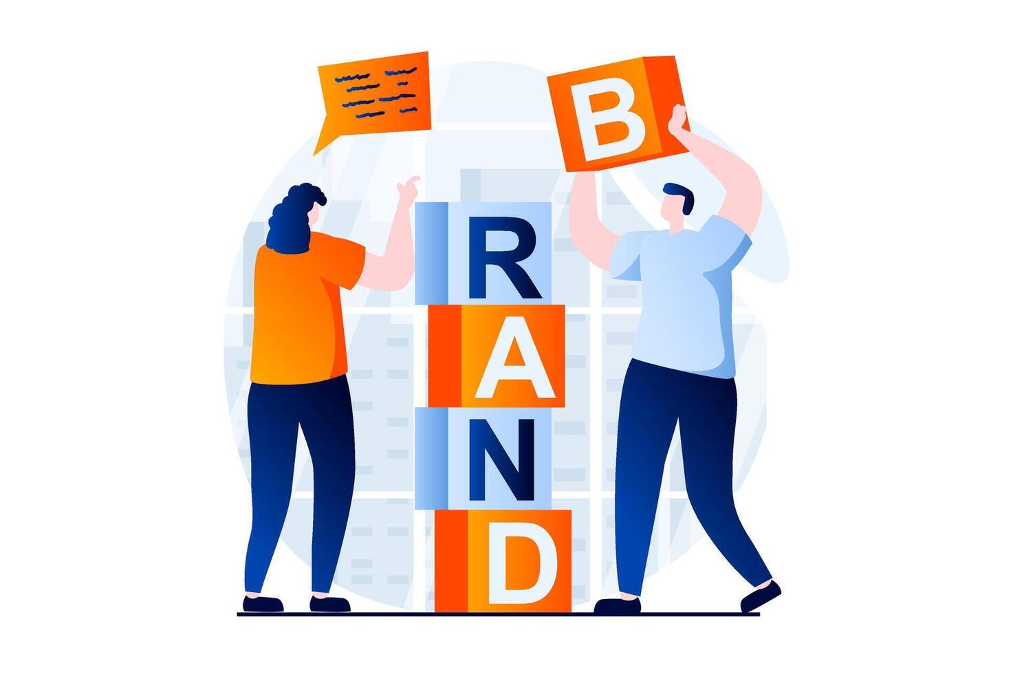 Branding team concept with people scene in flat cartoon design. Woman and man building business brand from cubes, employees teamwork in creative agency. illustration visual story for web vector