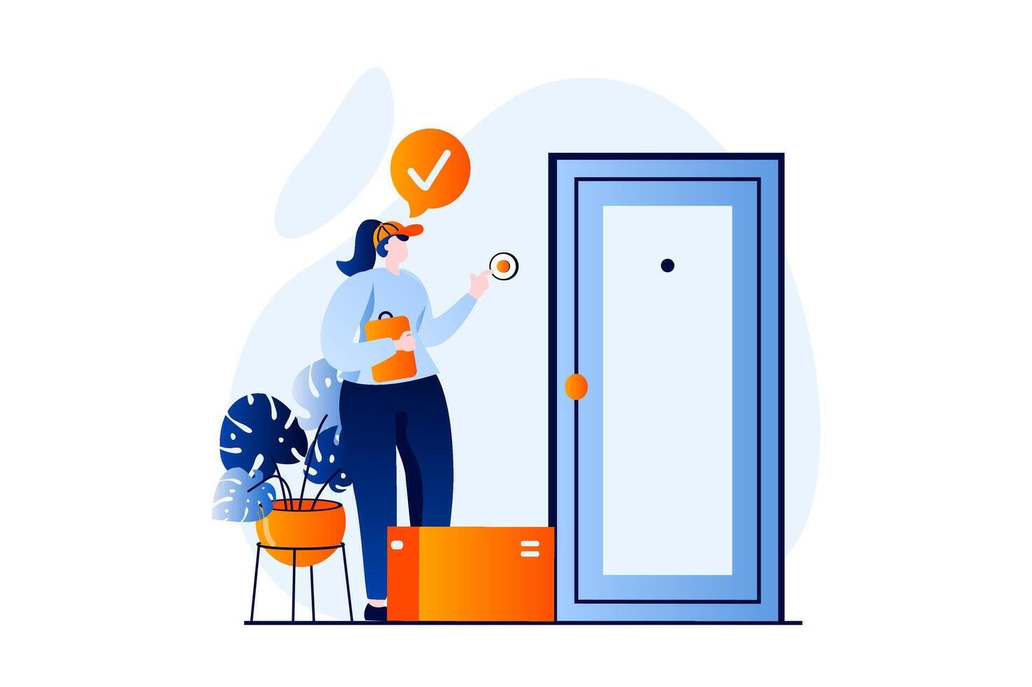 Delivery service concept with people scene in flat cartoon design. Woman courier carrying parcel to door of house and is waiting for client to pay the order. illustration visual story for web vector