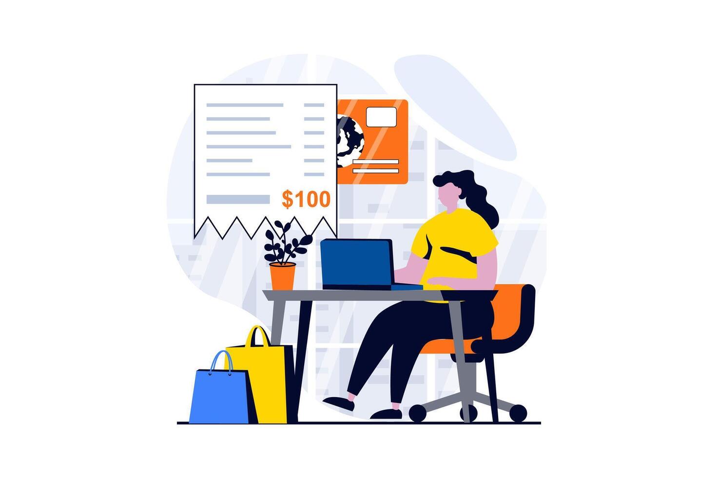 Electronic receipt concept with people scene in flat cartoon design. Woman doing online shopping, ordering goods and paying bills online from laptop at home. illustration visual story for web vector