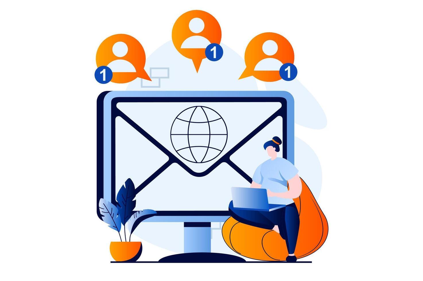 Email service concept with people scene in flat cartoon design. Woman makes advertising mailing to group of contacts or communicates online in social networks. illustration visual story for web vector